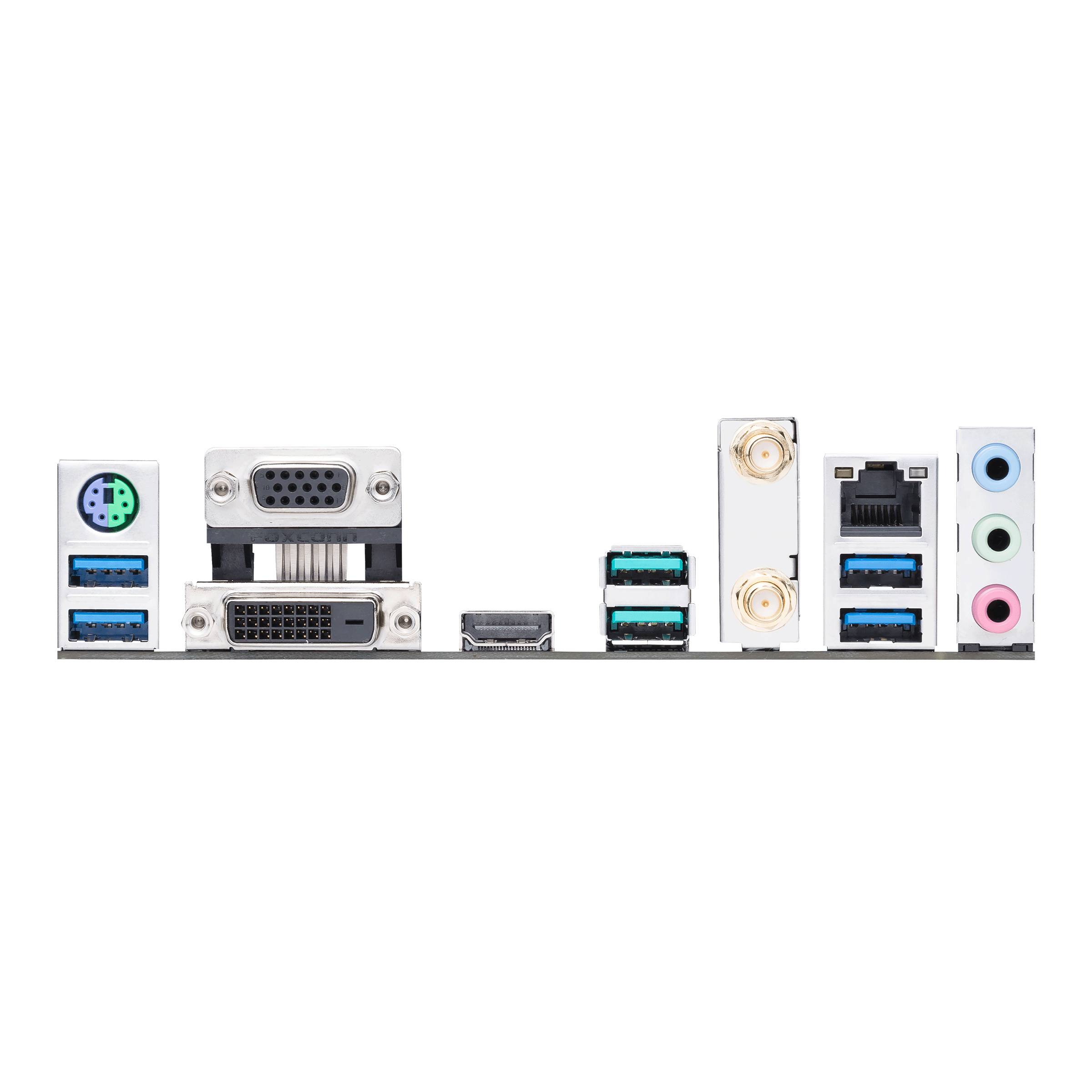 Achterkant van een computer-moederbord: Verschillende aansluitingen zoals USB, HDMI, audio, netwerk, VGA, DVI en PS/2 herkenbaar.
