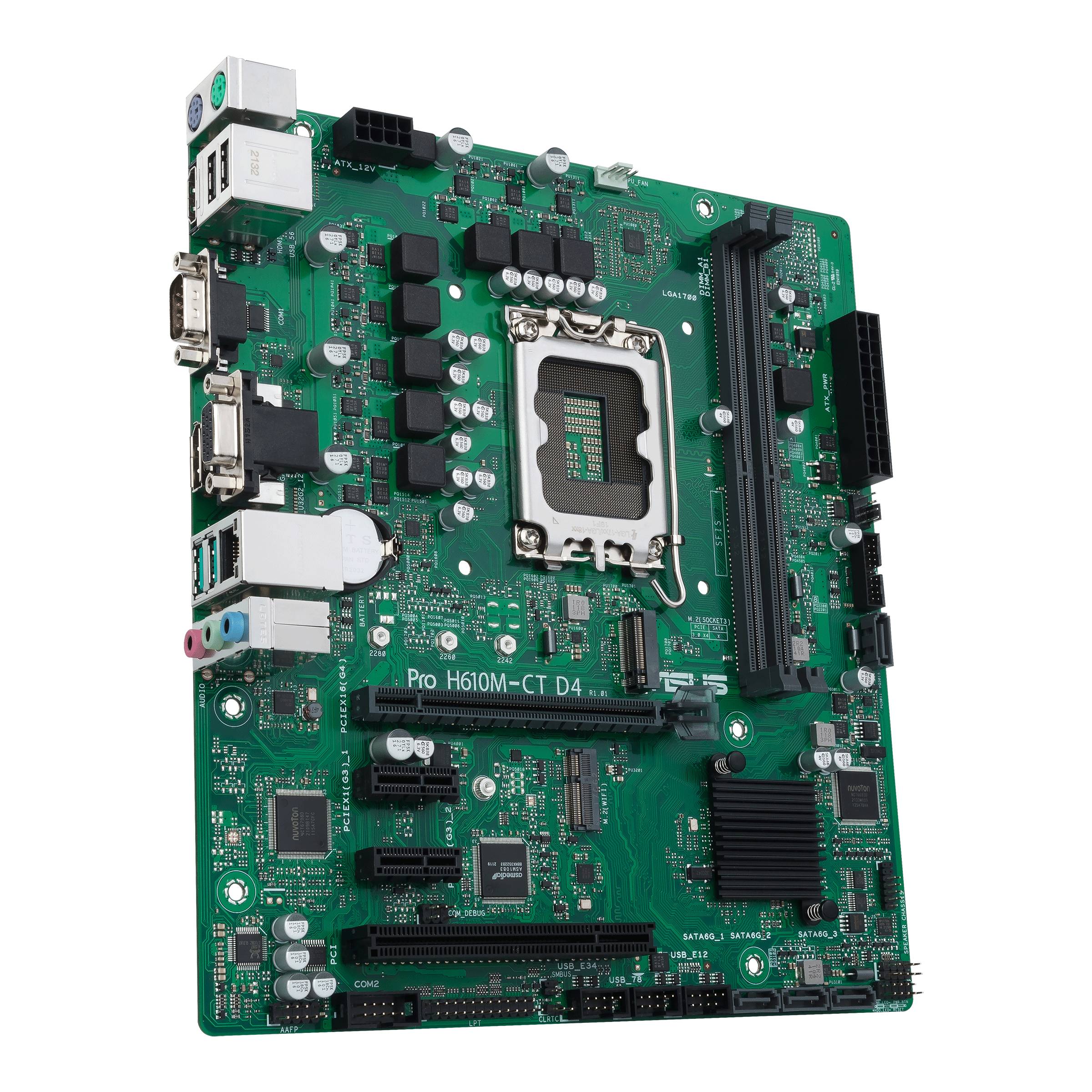 Een computermoederbord met verschillende aansluitingen en uitbreidingssleuven voor componenten, geaccentueerd door een groene printplaat.