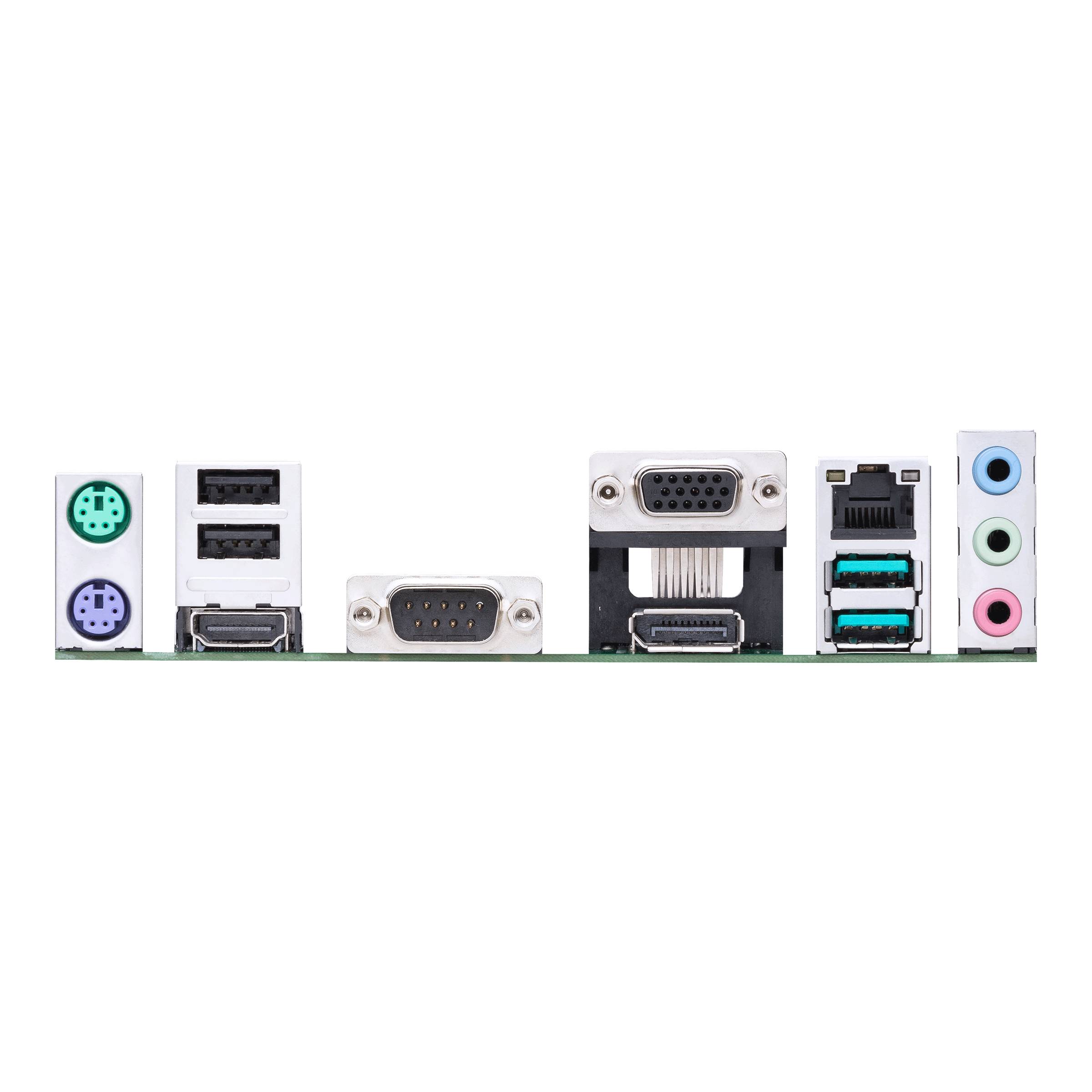 Een computermoederbord-aansluitveld met verschillende aansluitingen: PS/2, USB, HDMI, VGA, DVI, Ethernet en audiopoorten.