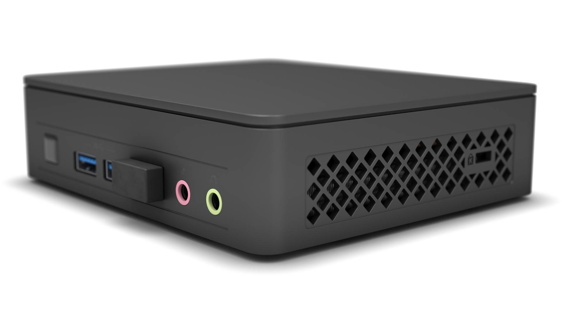 Een kleine, zwarte mini-pc met geventileerde zijwand en meerdere aansluitingen aan de voorkant, waaronder USB- en audio-aansluitingen.