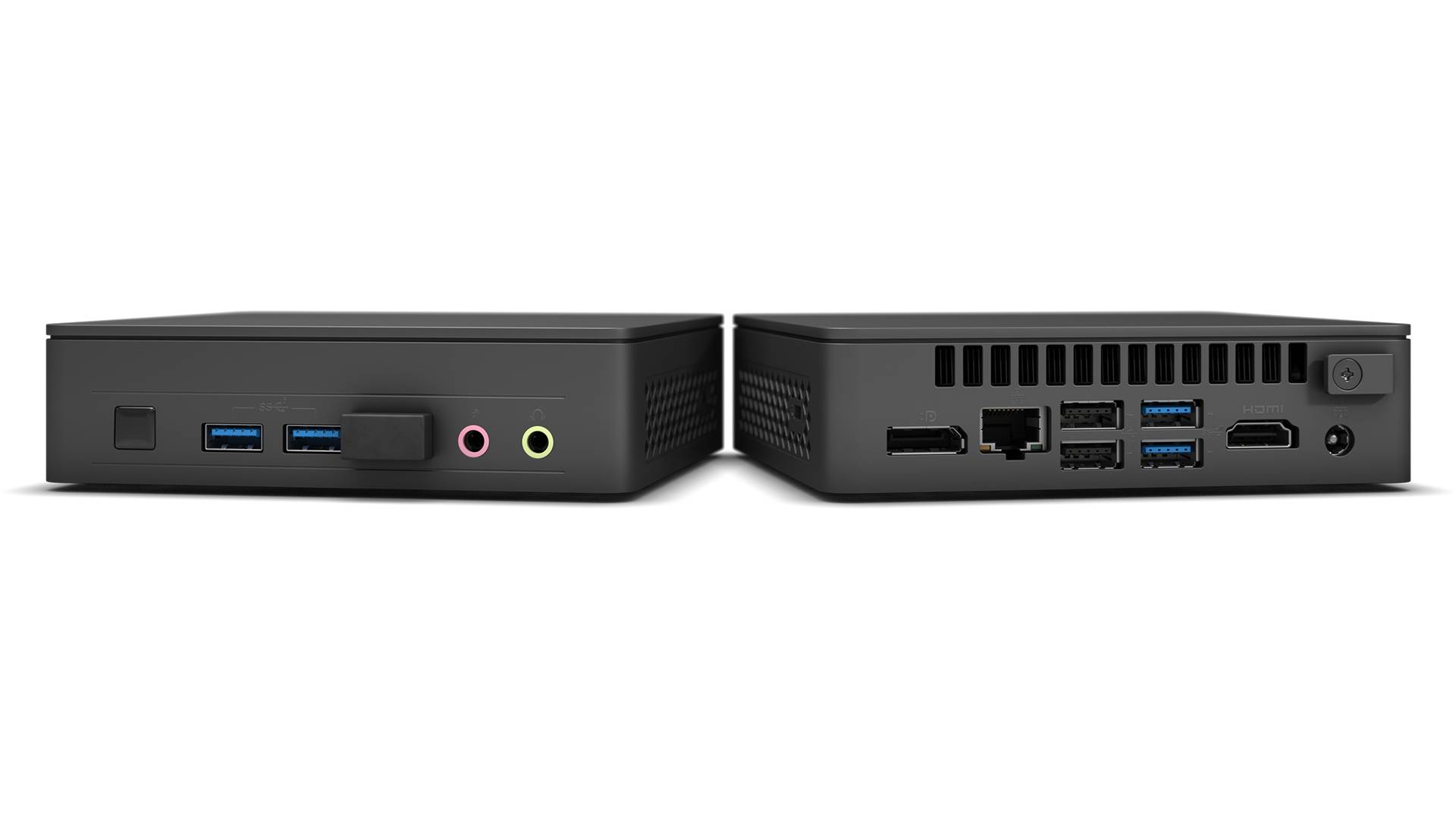 Twee zwarte mini-pc's naast elkaar. Voorkant: USB-poorten, audio-aansluitingen. Achterkant: HDMI, Ethernet, extra USB-poorten.