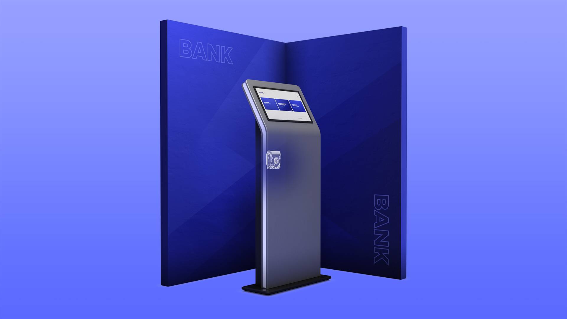 Een blauw-grijze bankautomaat op een blauwe achtergrond toont financiële informatie op een scherm.