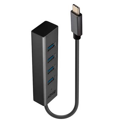Een compacte USB-hub met vier USB-poorten en een USB-C-kabel. Het 'LINOVO'-logo is op de behuizing afgebeeld.