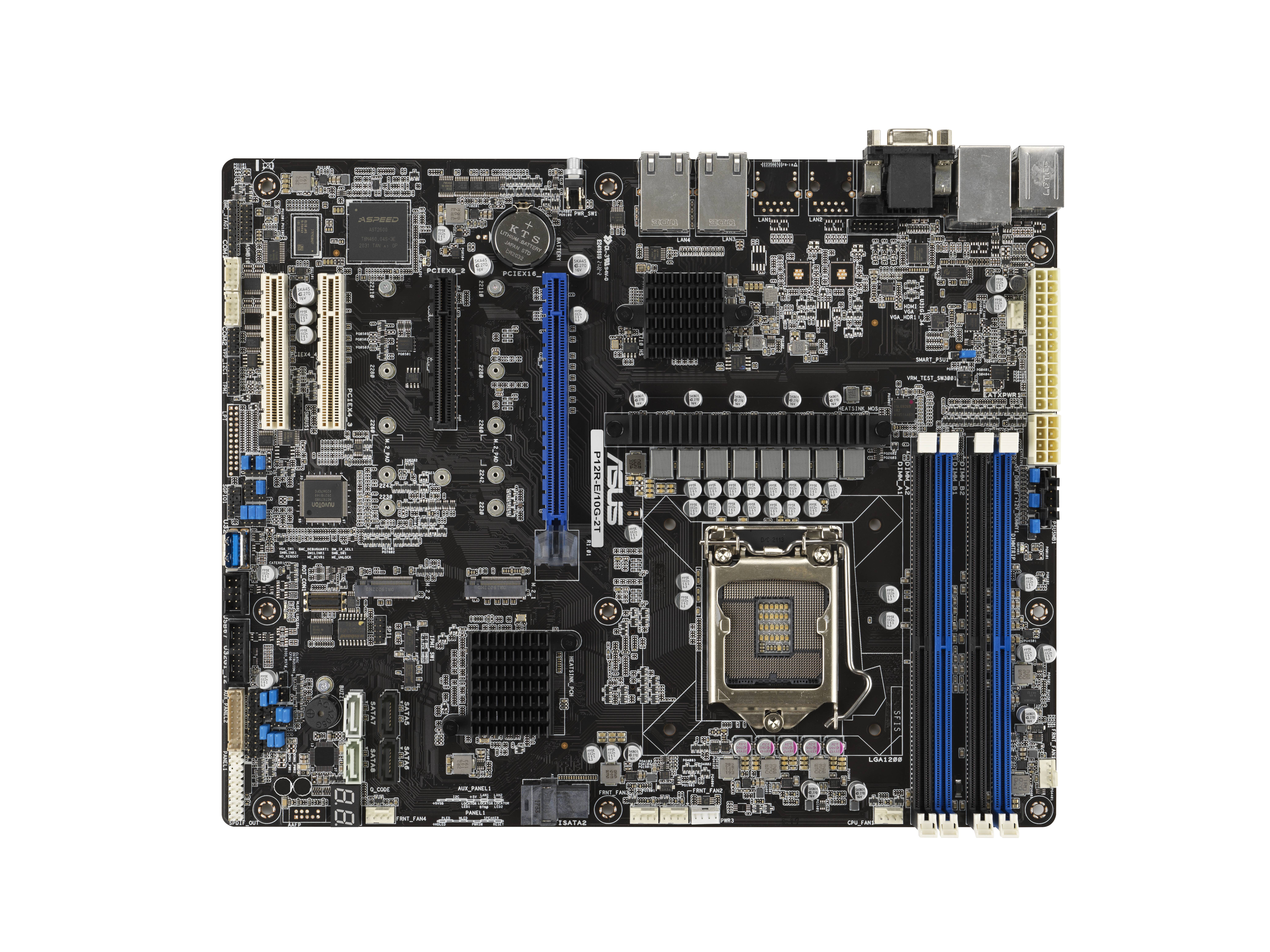 Een computermoederbord met meerdere aansluitingen en sleuven voor componenten zoals RAM en processor. Het toont de complexe schikking van elektronische onderdelen.