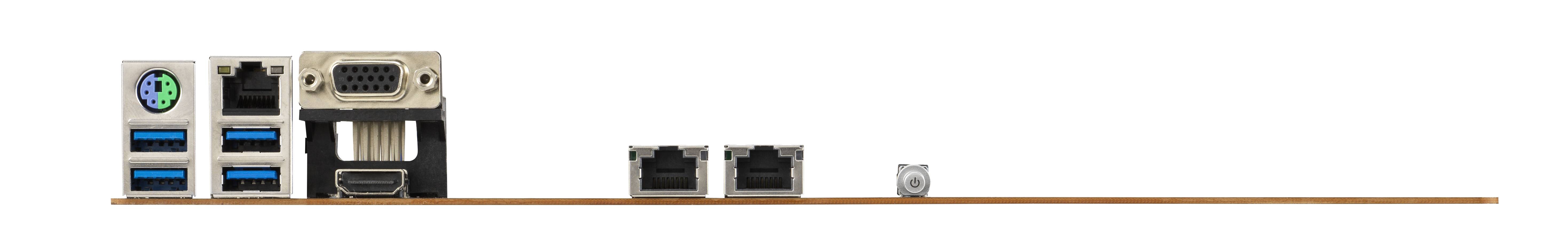 Achterkant van een computer-moederbord met verschillende aansluitingen: meerdere USB-poorten, HDMI, DisplayPort, Ethernet en audioaansluiting.