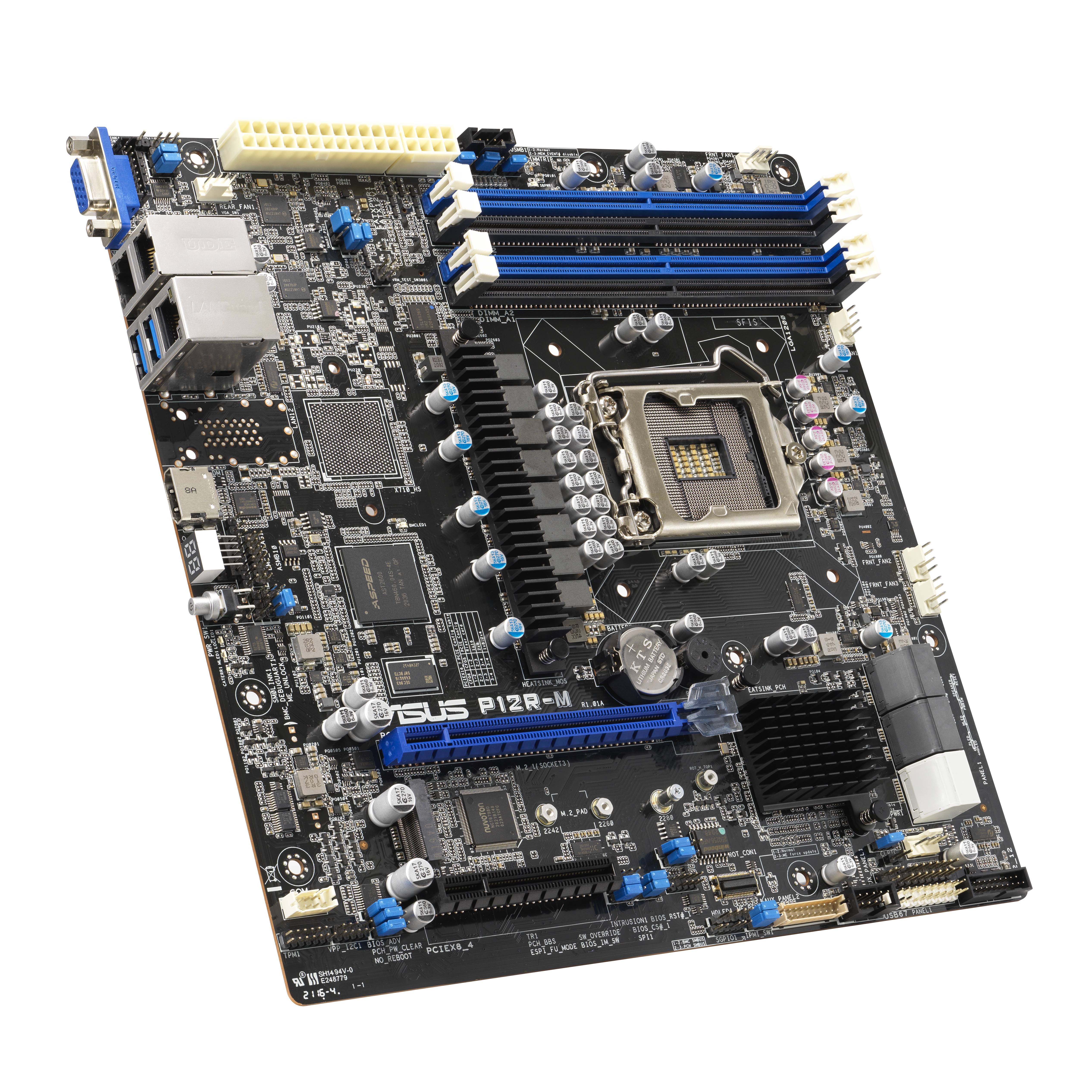 Moederbord van ASUS, model P12R-M. Bevat meerdere RAM-sleuven, PCIe-uitbreidingssleuven, CPU-socket en aansluitpennen.