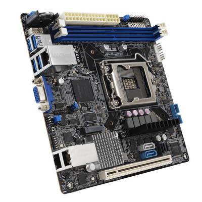 Een computermoederbord met verschillende aansluitingen en een CPU-socket, waarbij blauwe RAM-sleuven en zilveren heatsinks zichtbaar zijn.