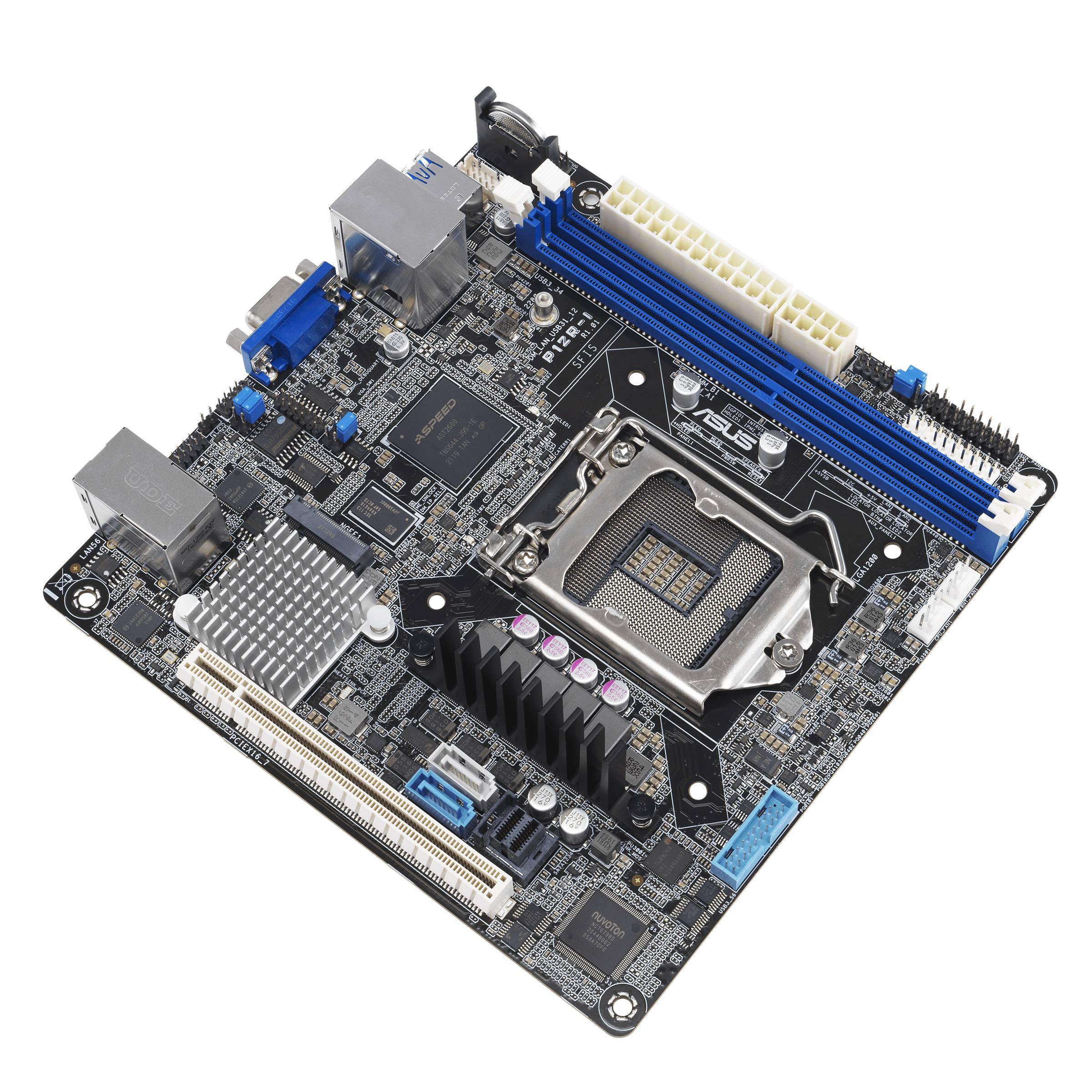 Een computermoederbord met verschillende aansluitingen en een CPU-socket. Markeringen en kleuren benadrukken de componenten.