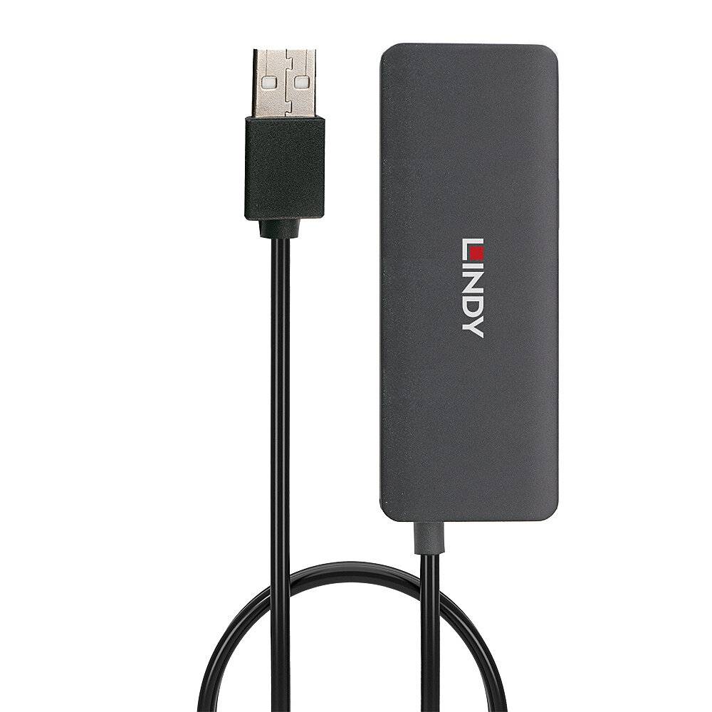 USB 3.0 naar Gigabit Ethernet-adapter, zwarte kleur, verticaal gepositioneerd, met kabelaansluiting, merk 'Lindy' zichtbaar.