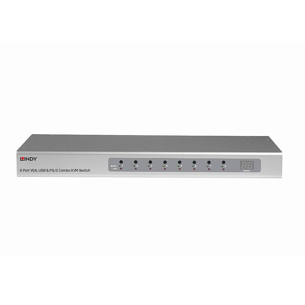 '8-Poorts VGA, USB & PS/2 Combo KVM-Switch met LED-display voor selectie. Metalen behuizing met zwart frontpaneel.'