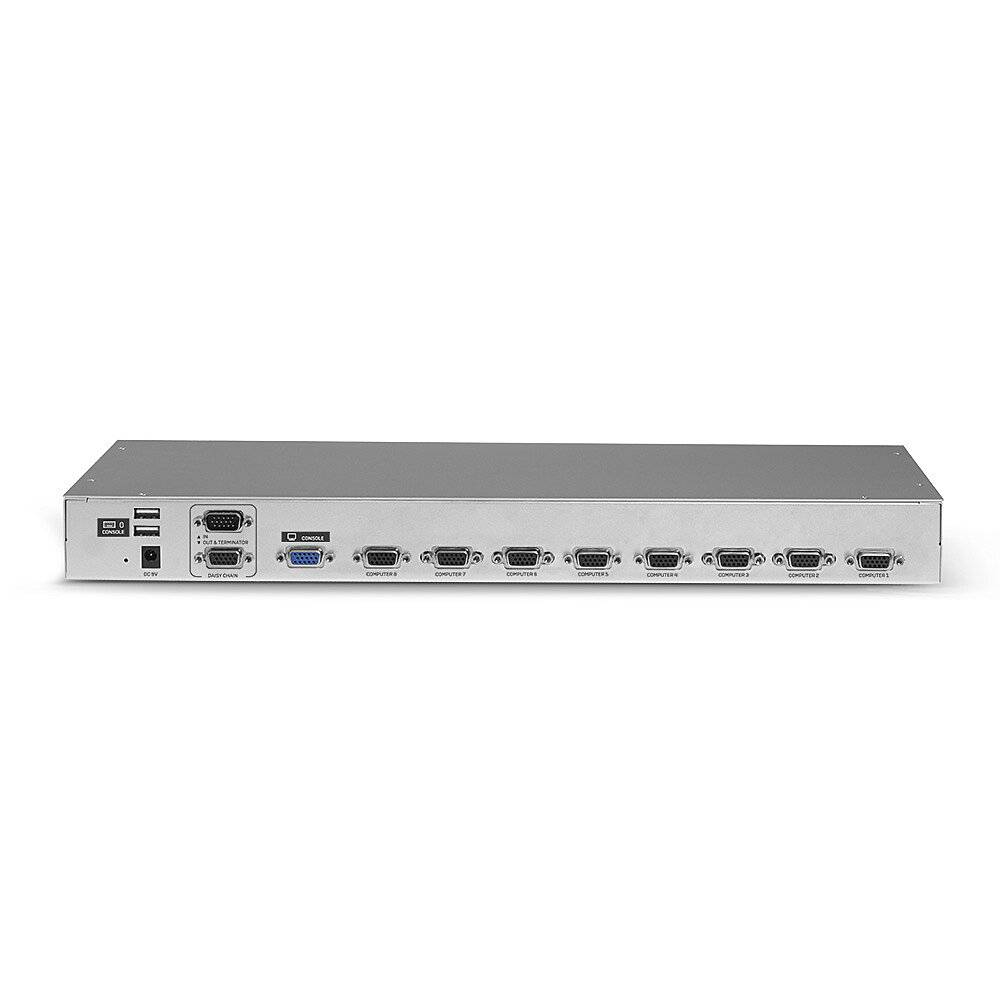 Een zilveren KVM-switch met meerdere VGA- en USB-aansluitingen, maakt het mogelijk om meerdere computers te verbinden met één monitor en toetsenbord.
