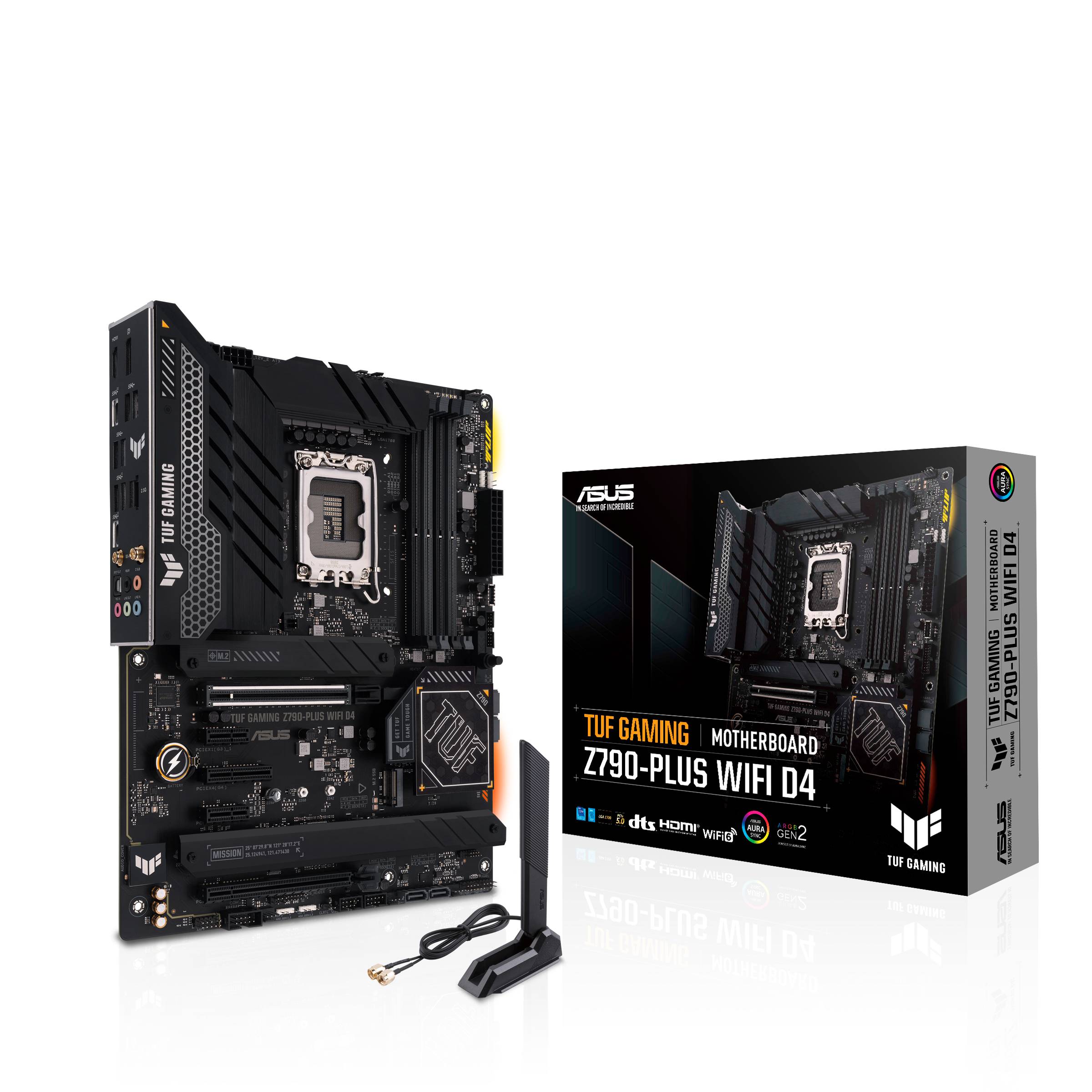 'Asus TUF Gaming Z790-Plus WiFi D4 Moederbord en verpakking. Bevat een moederbord met koeler en antennes, getuigt van gaming-hardware.'