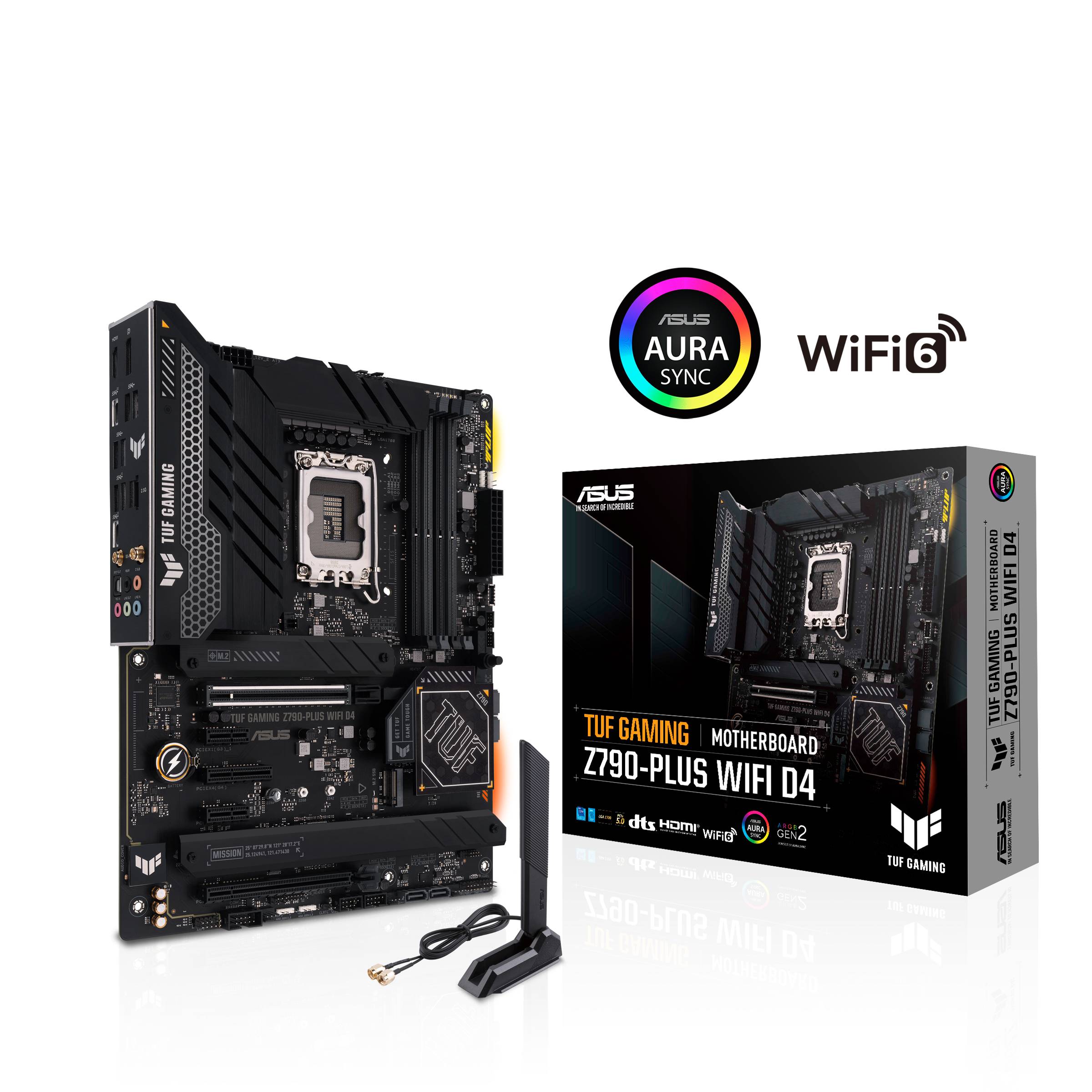 'ASUS TUF Gaming Z790-Plus WiFi D4 Moederbord' met verpakking, toont aansluitingen en functies zoals WiFi 6 en Aura Sync.