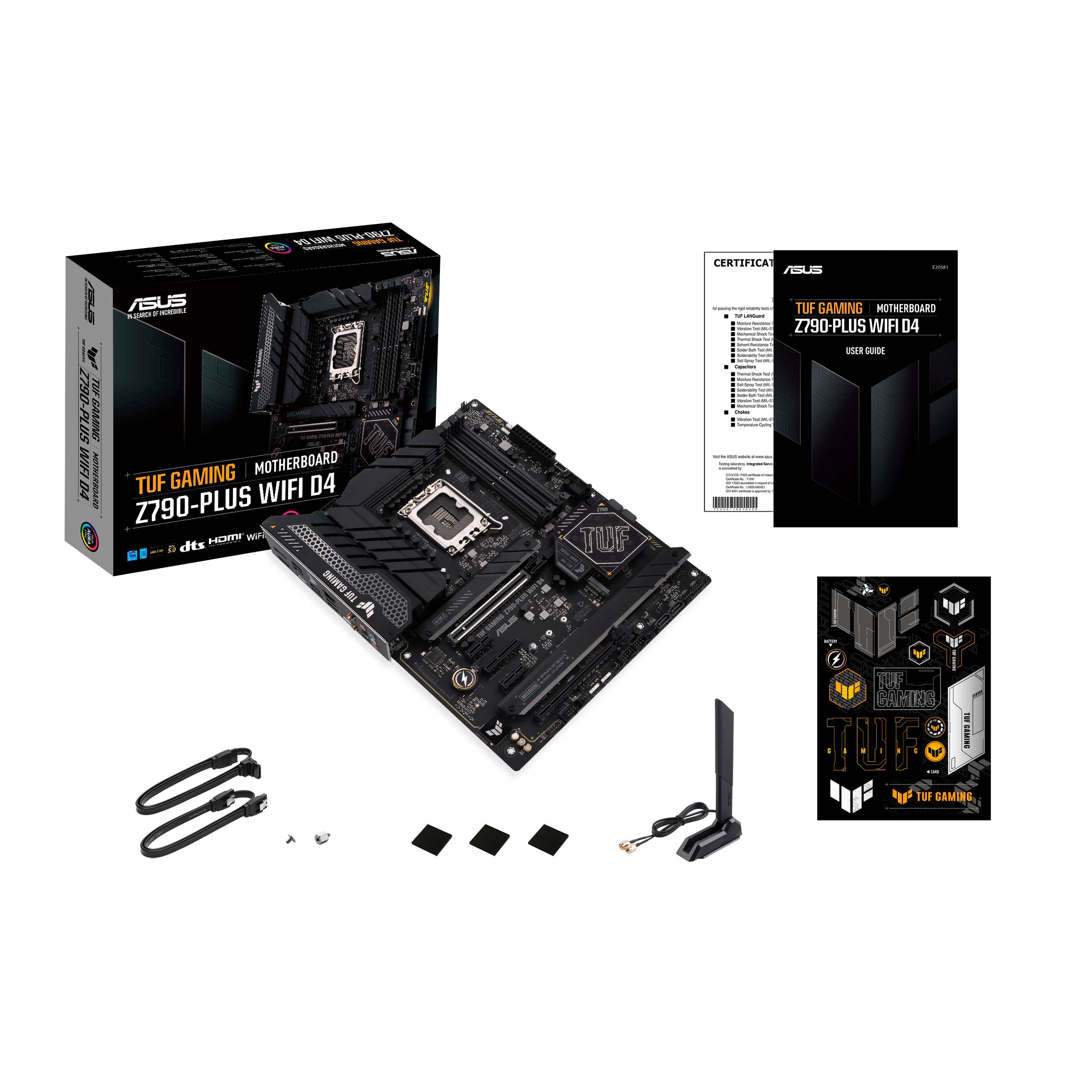 'ASUS TUF Gaming Z790-Plus WiFi D4 Moederbord' met toebehoren en verpakking. Bevat antenne, kabels, handleiding en stickers.
