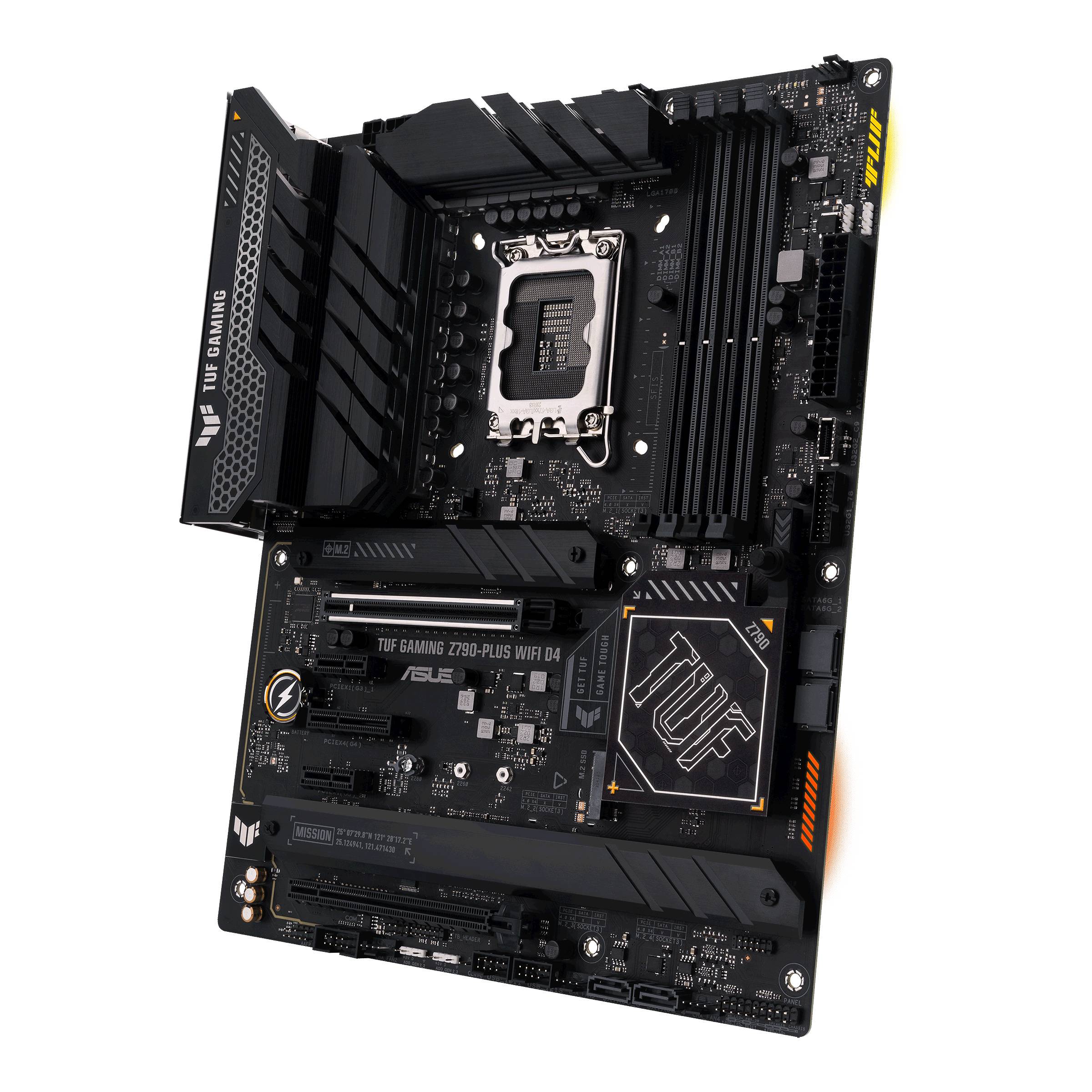 Een zwart moederbord in ATX-formaat met PCIe-sleuven en RAM-sleuven. Het bovenste gedeelte heeft een CPU-socket met grote heatsinks.