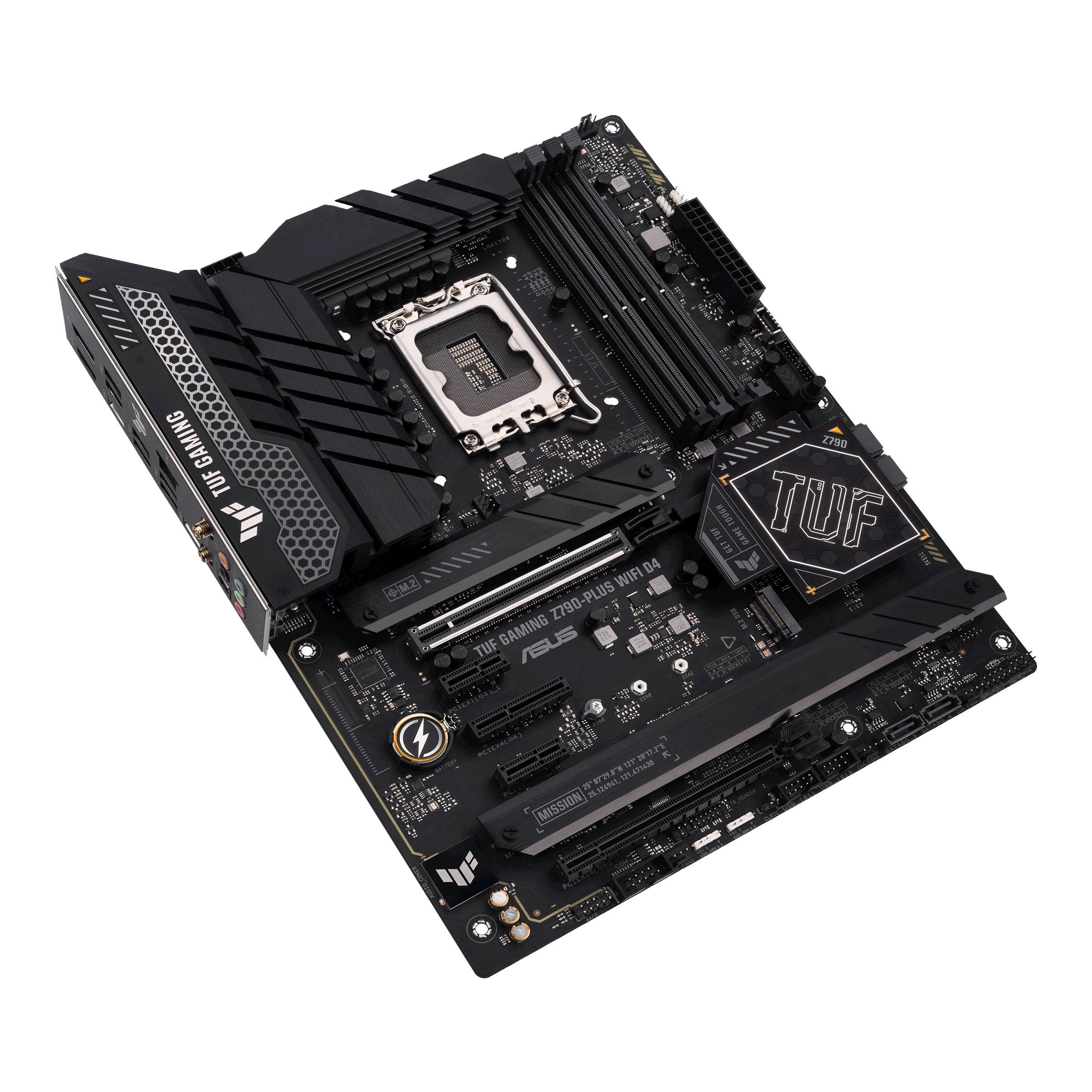 Een zwarte computermoederbordplaat met sleuven voor CPU, RAM en andere componenten. Opschrift: 'TUF GAMING Z790-PLUS WIFI D4'.