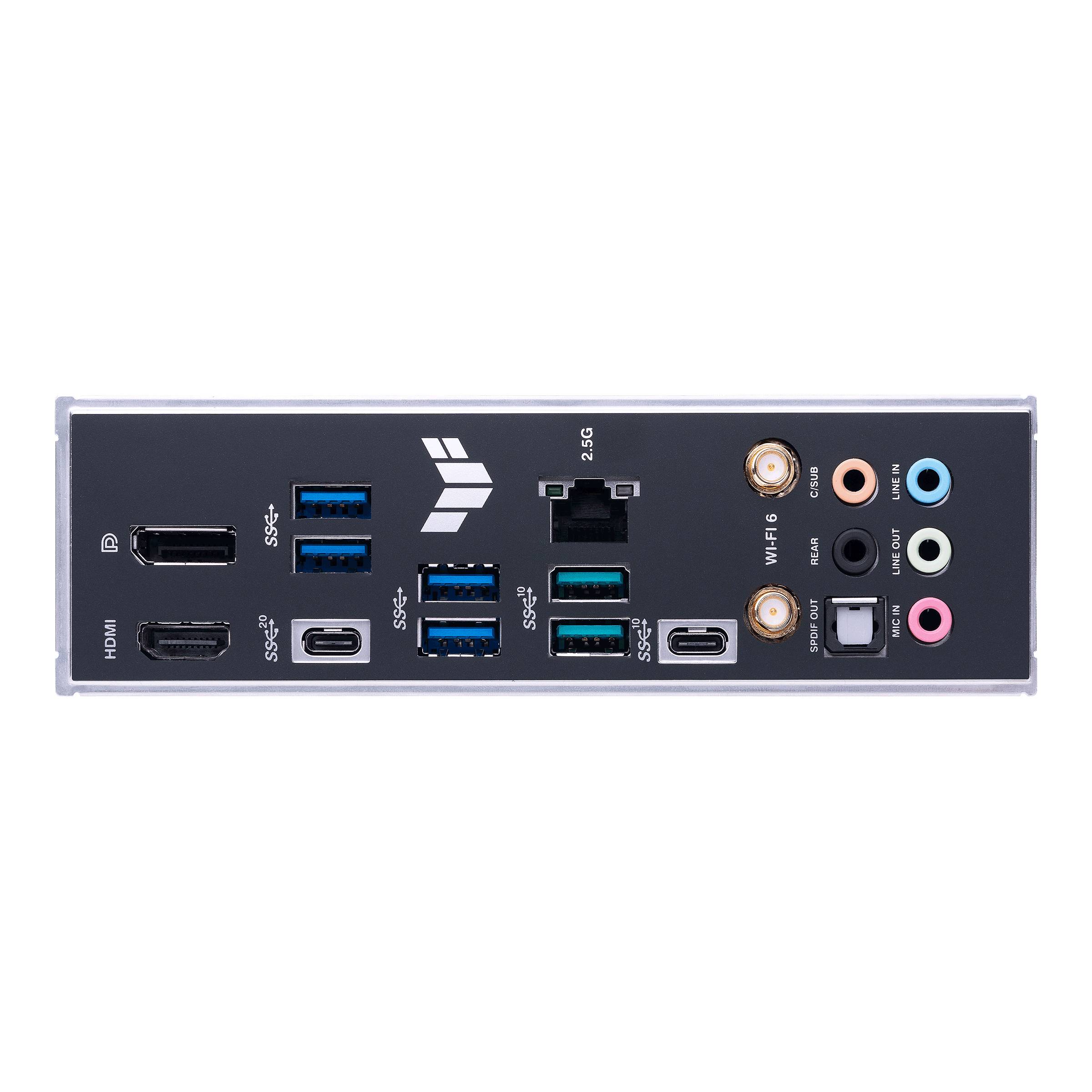 Achterkant van een computer-moederbord met verschillende aansluitingen: HDMI, USB 3.2, USB Type-C, Ethernet, audio-aansluitingen en Wi-Fi antenne-aansluitingen.