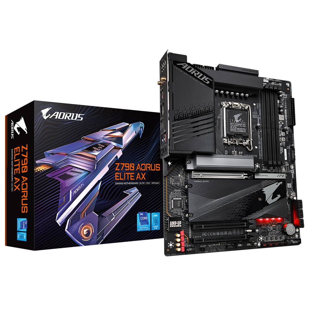 'Moederbord en verpakking van Z790 Aorus Elite AX, ondersteunt Intel Core-processors, PCIe 5.0 en DDR5-technologie.'