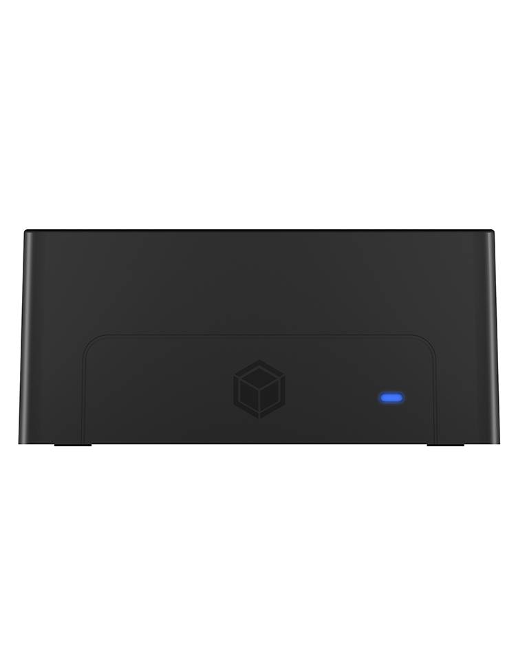 Een zwart, rechthoekig elektronisch apparaat met een blauw lichtgevende LED-indicator aan de voorkant.