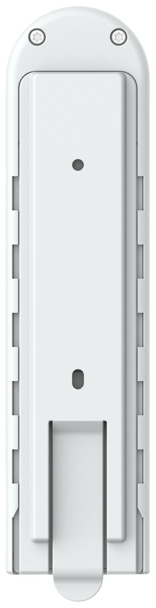 Een wit elektrisch apparaat met een rechthoekige vorm en afgeronde hoeken, waarschijnlijk een router of modem, gezien van bovenaf.