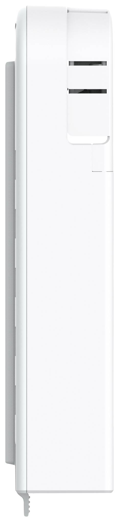 Een wit, verticaal apparaat met verluchtingssleuven aan de rechterkant en een gladde, minimalistische oppervlakte.