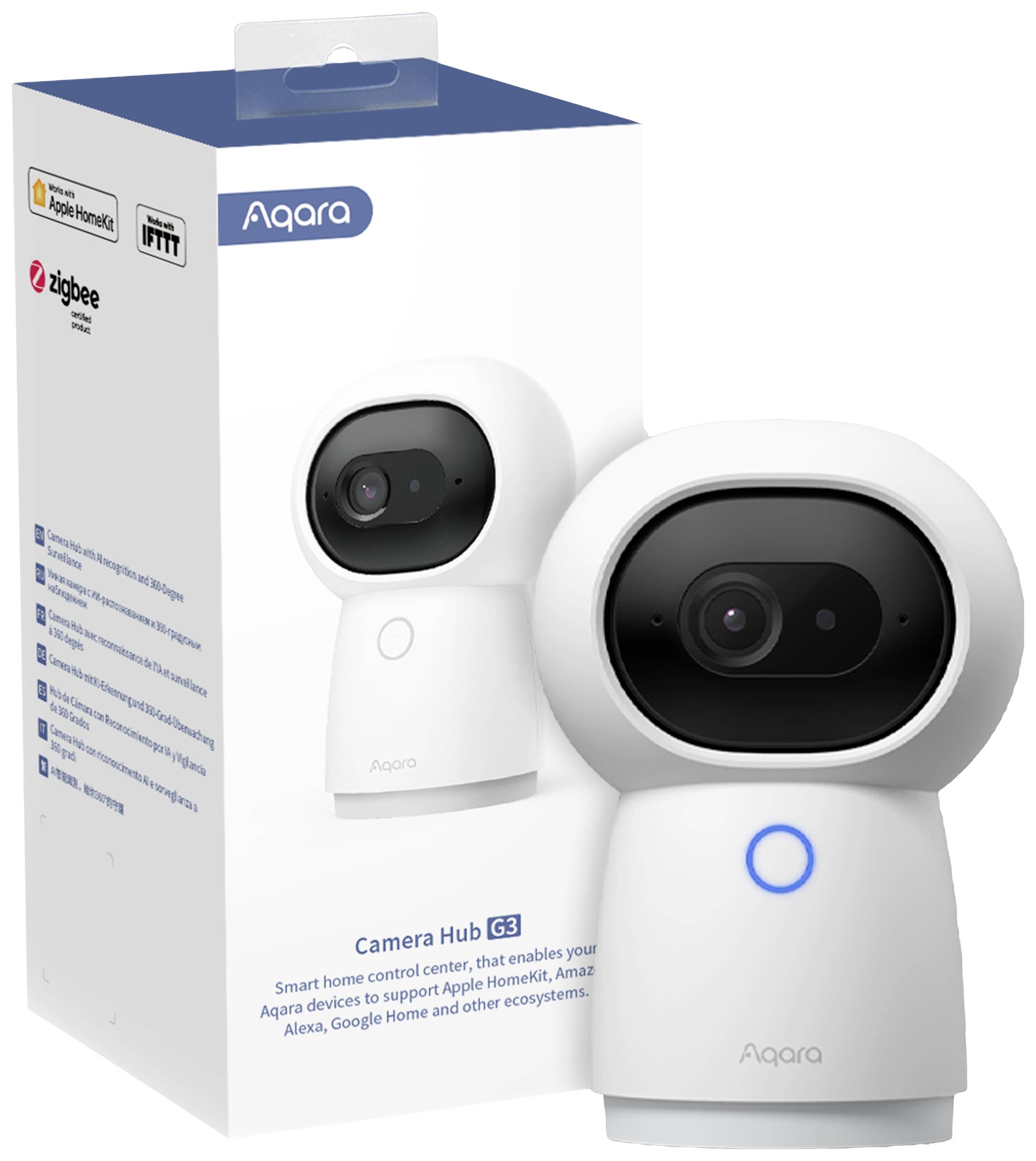 Aqara G3 Camera Hub. Wit apparaat met blauwe LED. Verpakking toont compatibiliteit met Apple HomeKit, Amazon Alexa en Google Home.