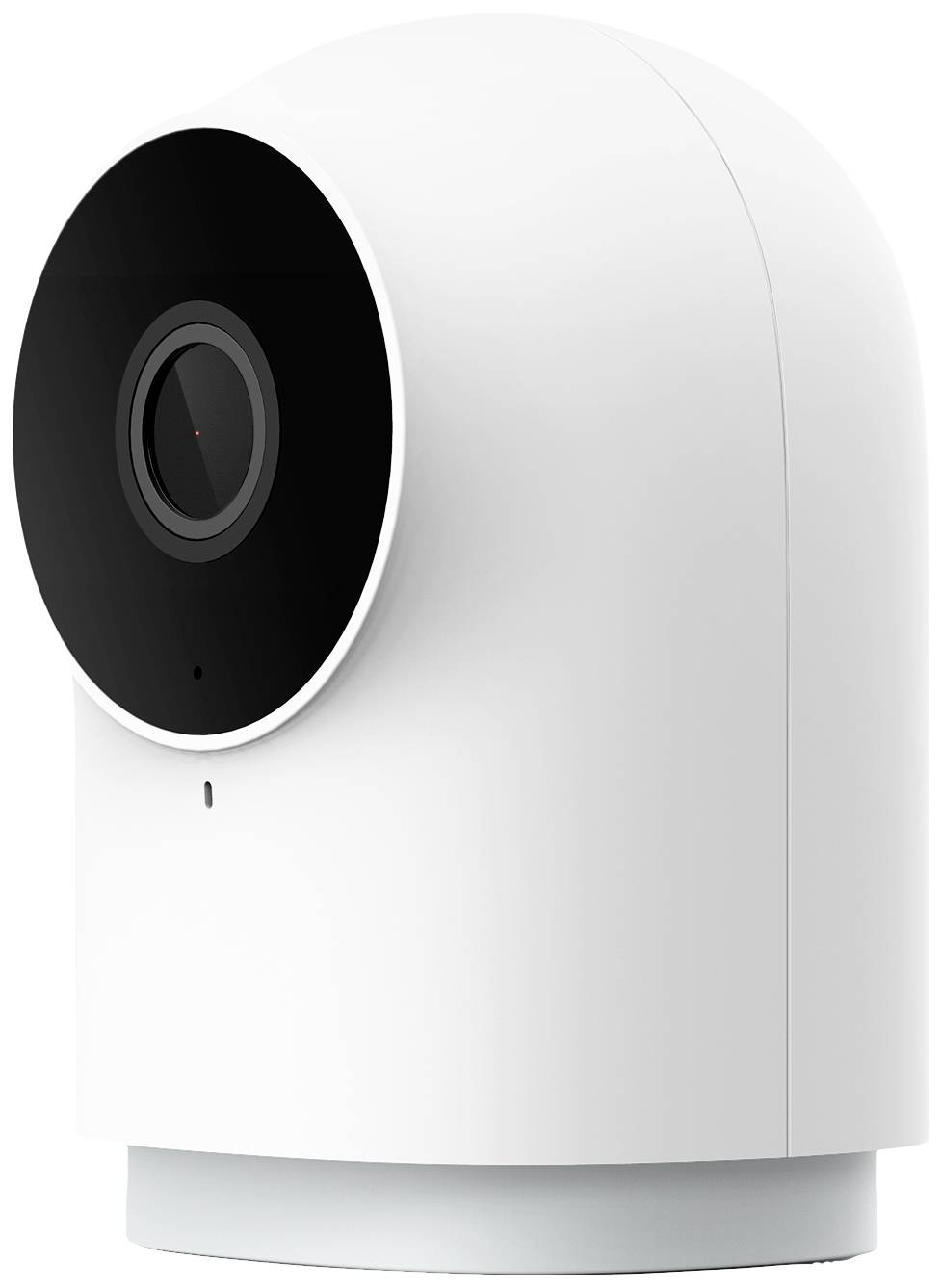 Witte bewakingscamera met rond ontwerp en zwarte voorkant, lens in het midden, geschikt voor binnenruimtes.