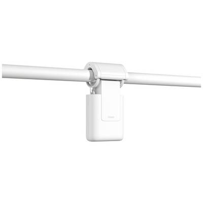 Gemotoriseerde gordijnraildrager op een witte rail, bedoeld voor automatische gordijnbediening in een smart home-systeem.