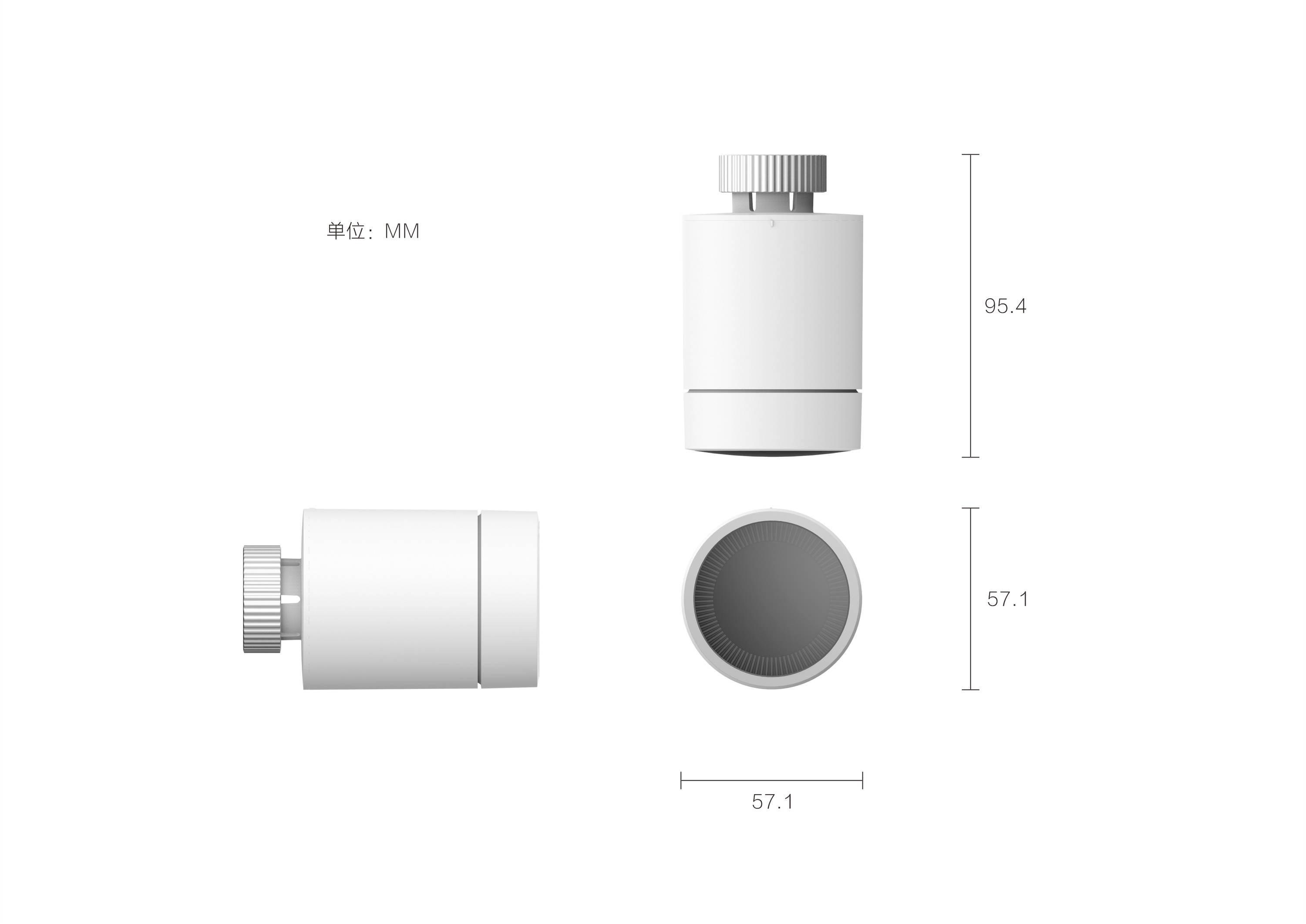 Cilindrisch technisch onderdeel, afmetingen 95,4 mm hoogte en 57,1 mm diameter; bovenaanzicht, zijaanzicht en vooraanzicht.