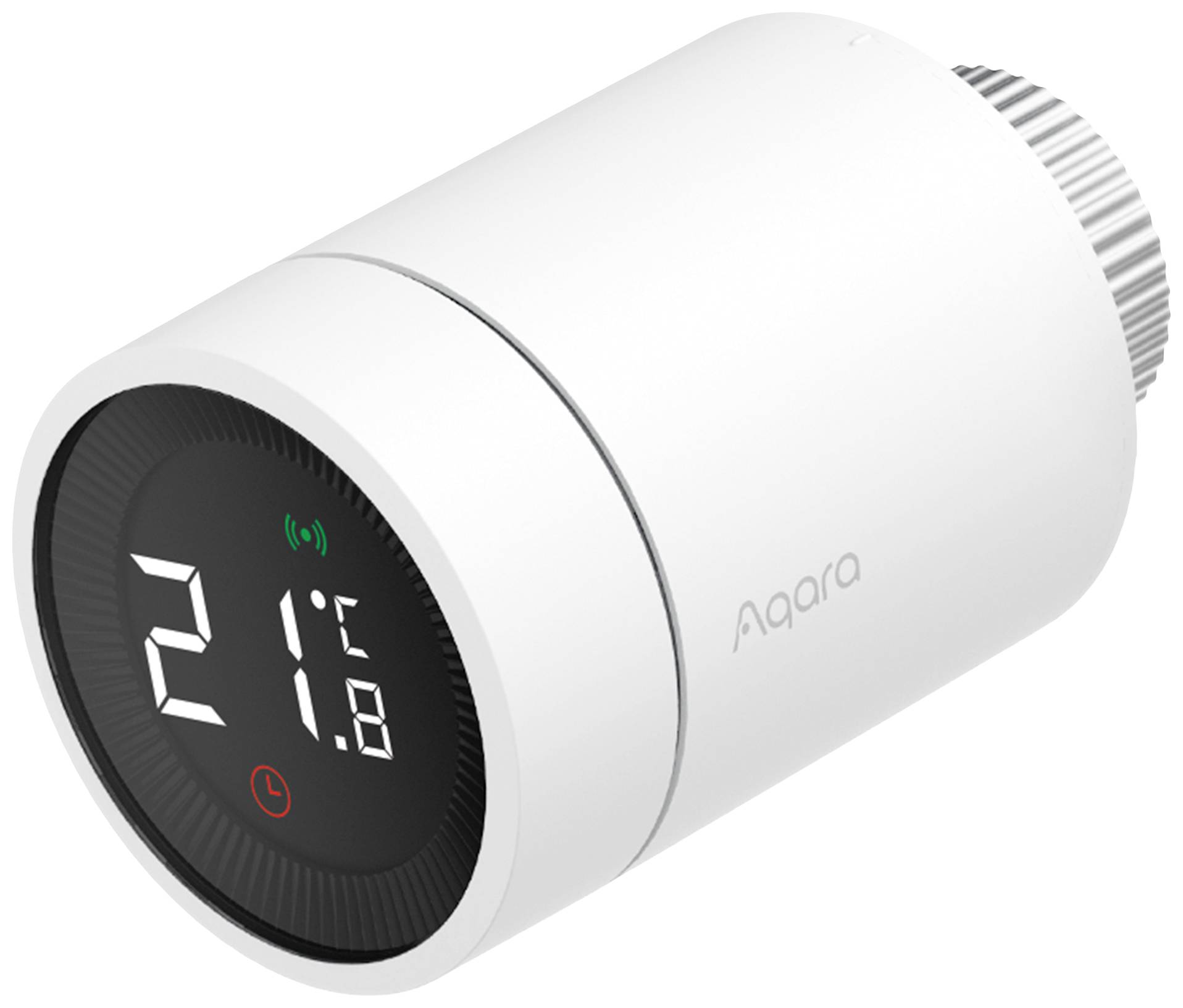 Slimste radiatorventiel van Aqara, geeft 21°C aan. Digitaal display en bedieningselementen aan de voorkant.