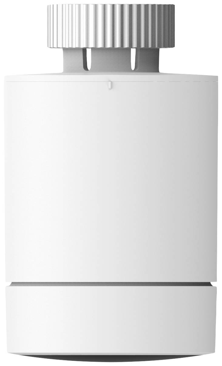 Witte, cilindrische thermostaatkop met geribbeld instelmechanisme, voorzien van een display voor temperatuurregeling van radiatorkranen.