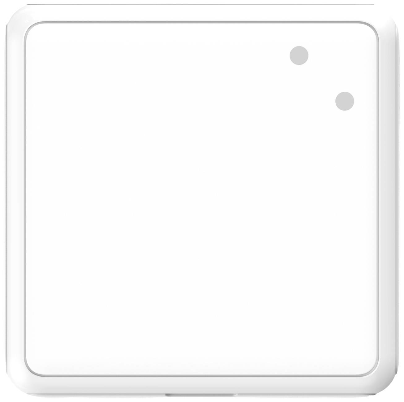 Witte vierkante oppervlakte met twee kleine grijze puntjes rechtsboven. Minimalistisch ontwerp, waarschijnlijk een technisch apparaat.