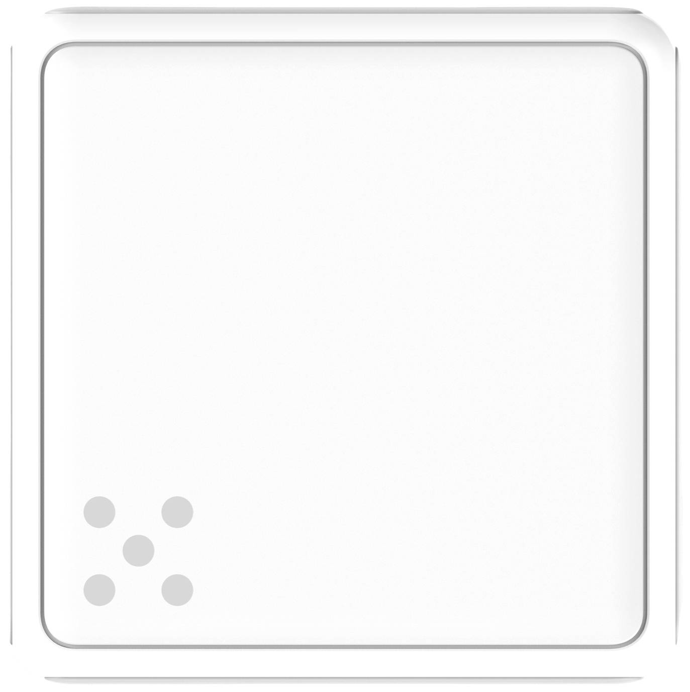Vijf grijze punten in de linkeronderhoek op een witte achtergrond, mogelijk een decoratief element zonder verdere informatie.