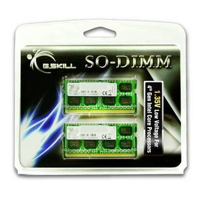 G.SKILL SO-DIMM RAM-pakket, 1.35V, voor 4e generatie Intel Core Processors. Twee groene RAM-modules in blisterverpakking.