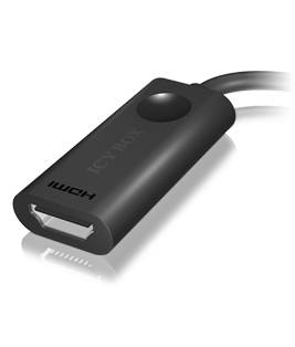 Een zwarte HDMI-kabeladapter met een rechthoekige behuizing, waarop 'ICY BOX' staat.