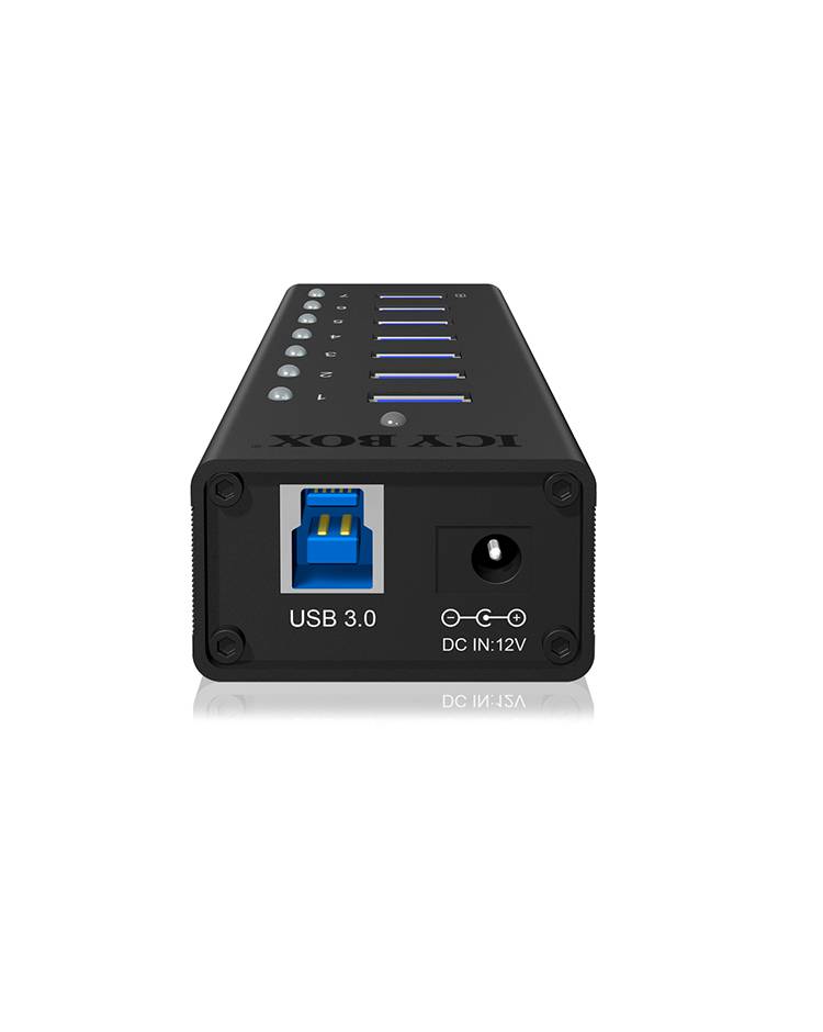 USB 3.0-hub met tien poorten in een zwarte behuizing, toont USB- en DC-ingangen voor 12V-stroomvoorziening.