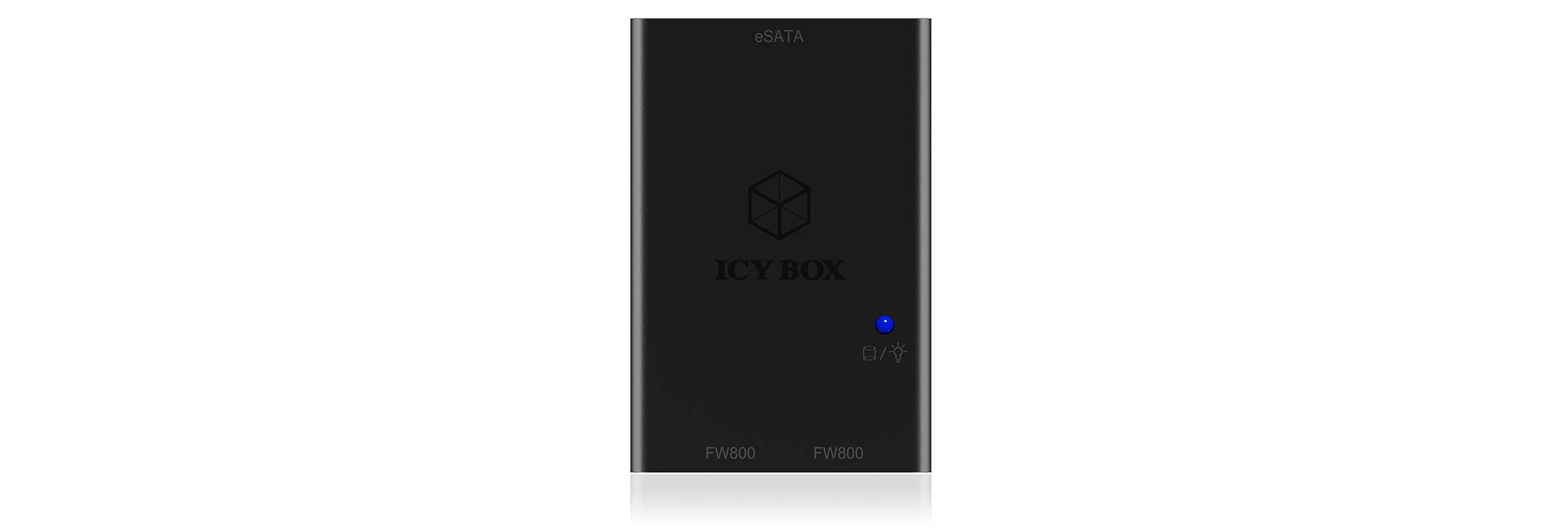 Externe harde schijf "ICY BOX" met blauw bedrijfslicht op een zwarte behuizing, toont het merklogo en capaciteitsindicator 'DATA'.