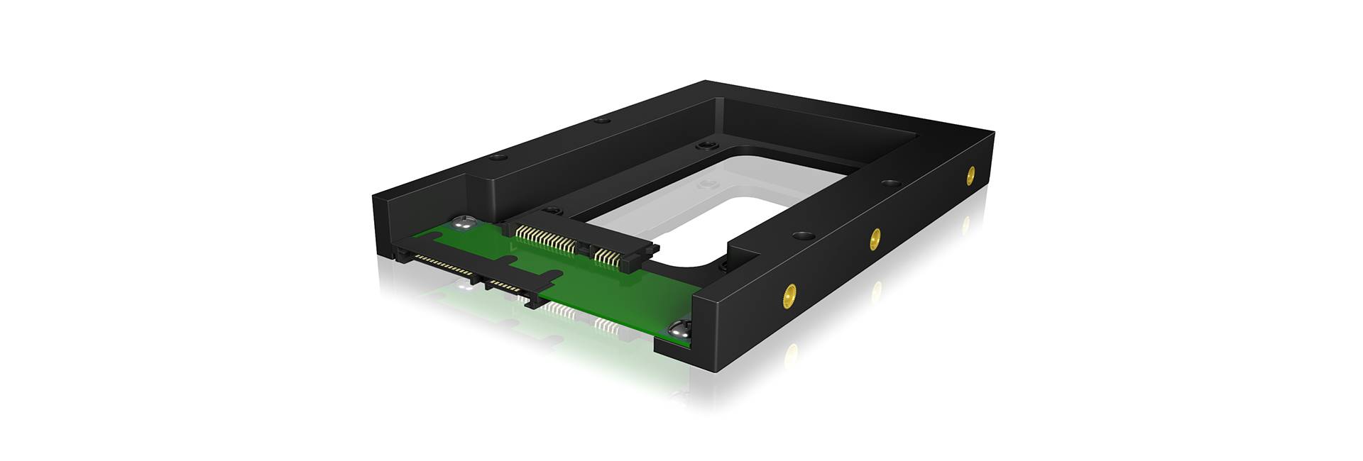 Een zwarte vaste-schijfadapter voor SSD's of HDD's in een 3,5-inch stationsruimte. Bevat aansluitingen voor data en stroom.