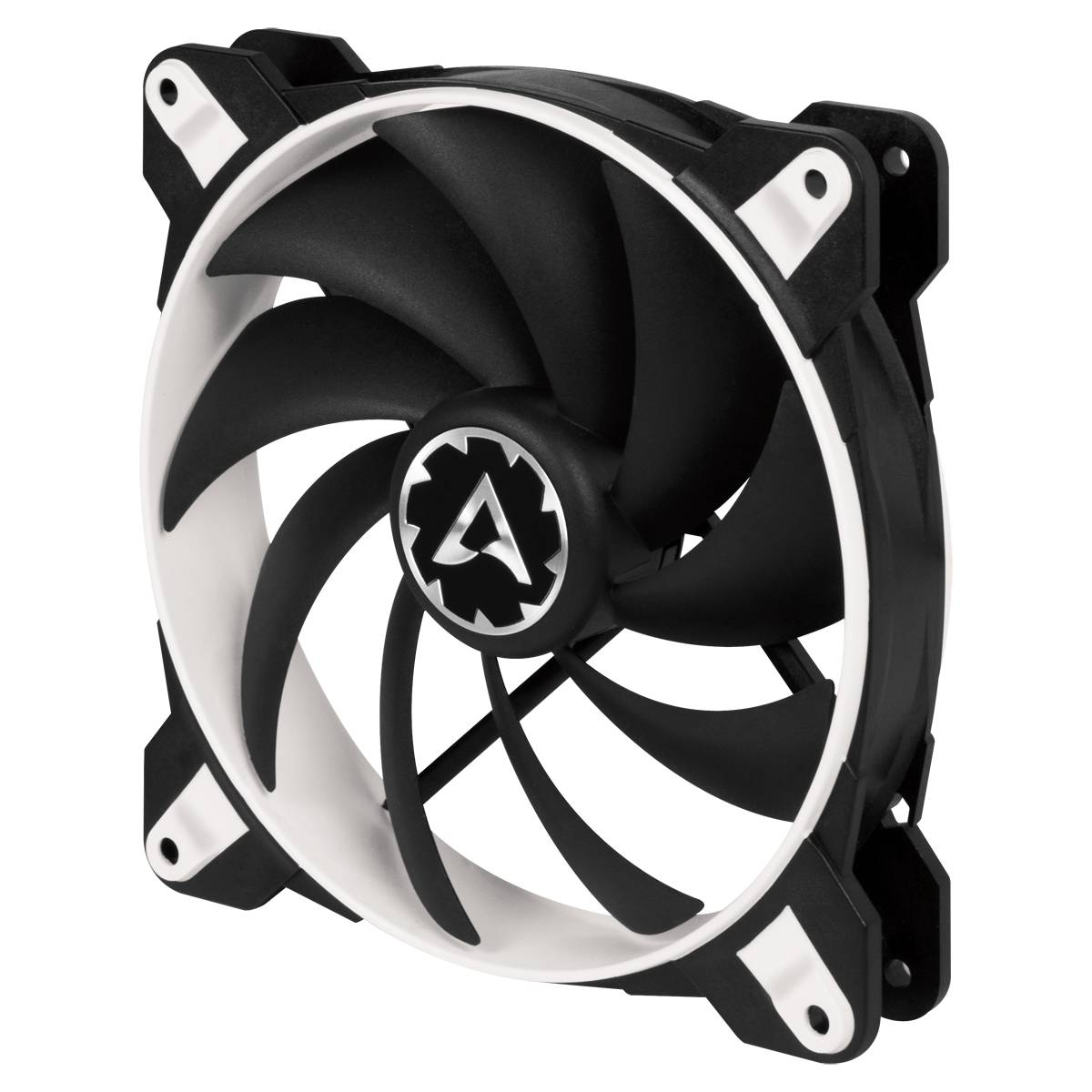 Een zwarte en witte computerfan met negen rotorbladen, gemonteerd in een vierkant frame voor de koeling van elektronische apparaten.