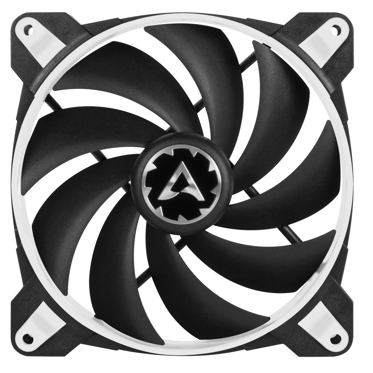 Zwarte computerventilator met negen rotorbladen, gemonteerd in een vierkante behuizing.