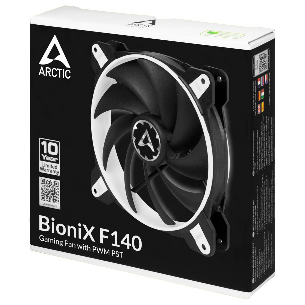 Zwarte verpakking voor 'Arctic BioniX F140' gaming-ventilator met PWM PST, 10 jaar garantie, meerdere landensymbolen op de zijkant.