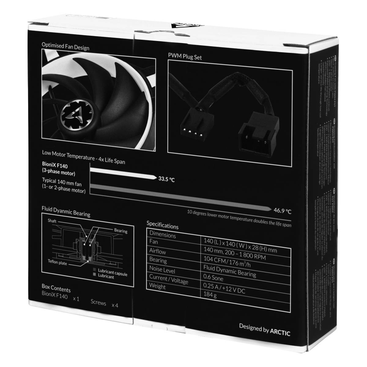 'ARCTIC BioniX F140' verpakking voor ventilator met specificaties voor toerental, luchtstroom en geluidsniveau. Bevat kabel, schroeven en ventilator.