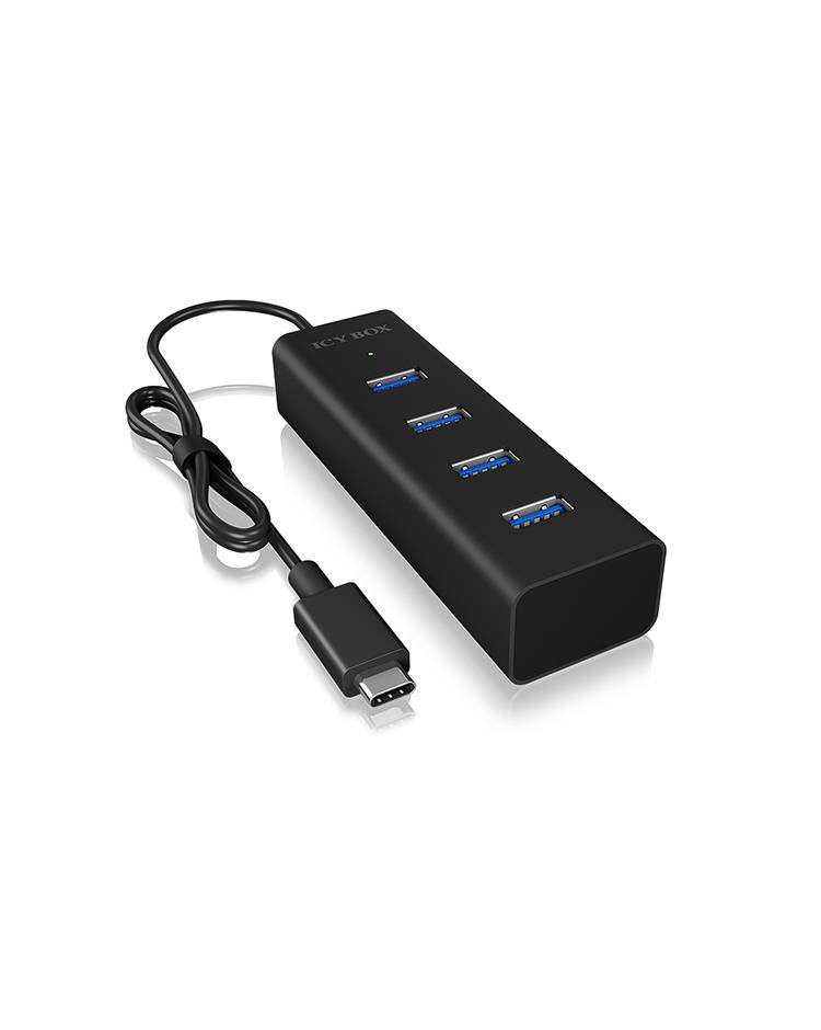 Een zwarte USB-hub met vier blauwe USB-poorten en een USB-C-kabel op een witte achtergrond. Ideaal voor het uitbreiden van USB-poorten.