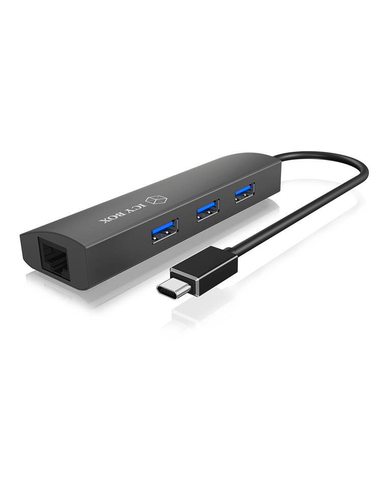 Een zwarte USB-C-hub met drie USB-poorten en een Ethernet-poort, geschikt voor het aansluiten van meerdere apparaten op een computer.