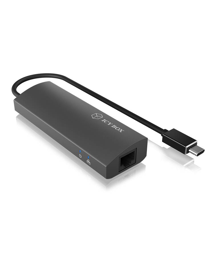 USB-C naar Ethernet-adapter, rechthoekig, zwart. Voorzien van een USB-C-kabel en een Ethernet-poort. Geschikt voor netwerkverbindingen.