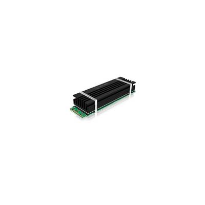 Zwarte NVMe-SSD met koellichaam op witte achtergrond.