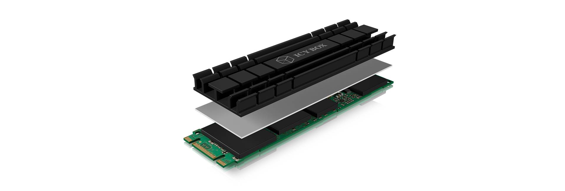 Een M.2-SSD met ventilatie-elementen en koellichamen die over elkaar gestapeld zijn om de warmteafvoer te optimaliseren.