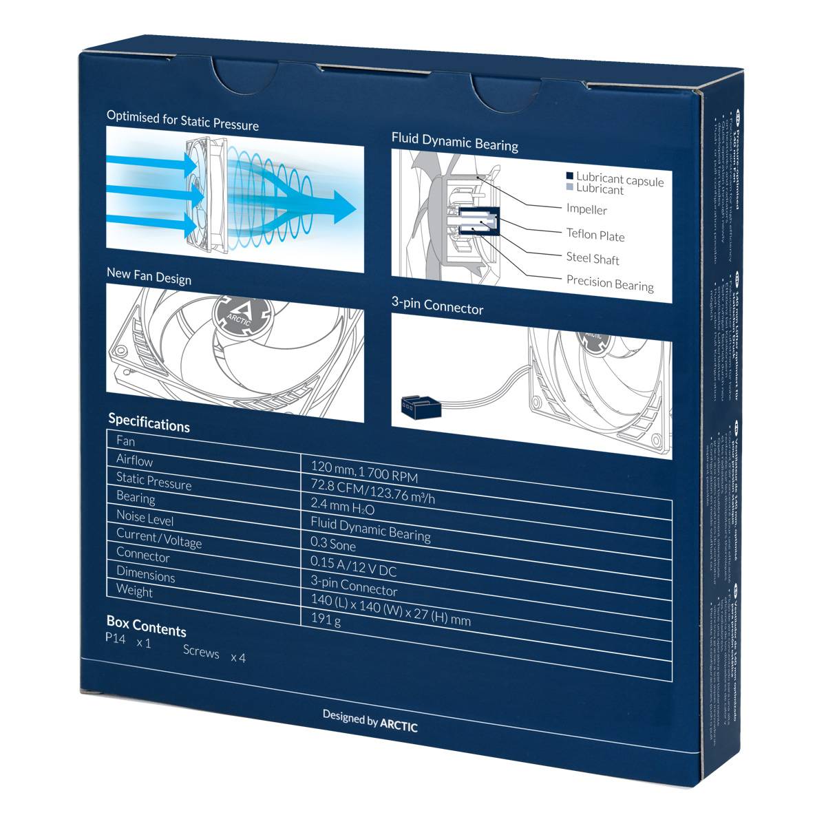 Achterkant van de verpakking voor een computerventilator. Toont details over koeling, luchtstroom (72,8 CFM), ventilatorisnelheid (1700 rpm) en aansluittype (3-polig).