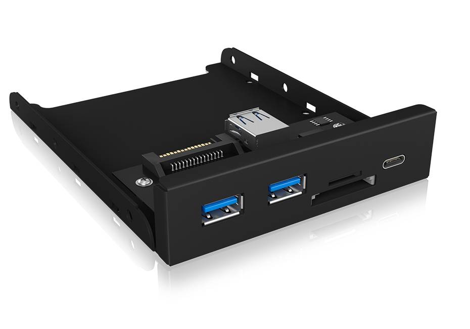Een zwarte 3,5-inch pc-inbouw toont twee USB 3.0-aansluitingen, een USB-C-aansluiting en een kaartlezer aan de voorkant.