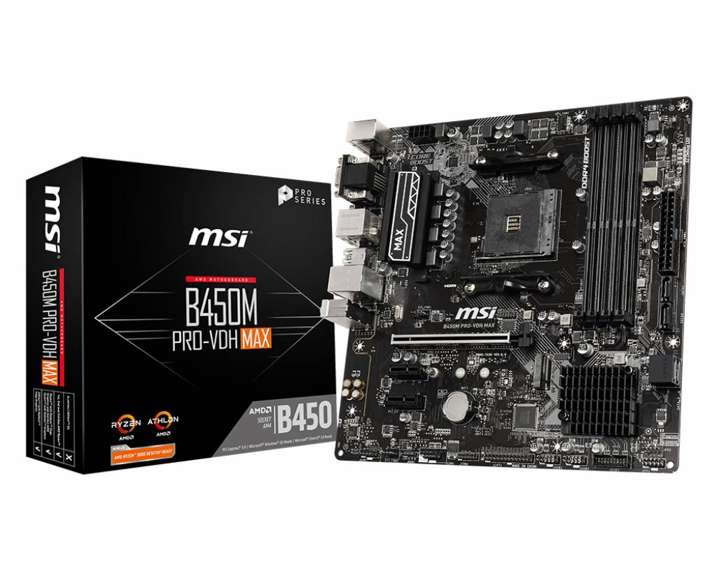 Moederbord MSI B450M PRO-VDH MAX naast verpakking; voor AMD-processors, Micro-ATX-formaat, biedt meerdere aansluitingen en uitbreidingssleuven.